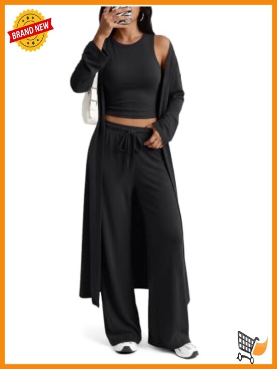 Pants - 3 Piece Lounge Set Crop Tank Wide Leg Pants Duster Travel Outfit